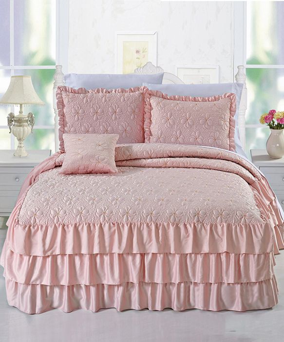Home Soft Things Serenta 4 Piece Matte Satin Ruffle Quilted Bedspread Set