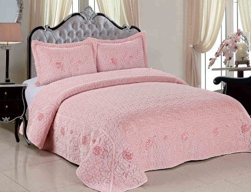 Serenta Faux Fur Ribbon Embroidered 3 Piece Microfiber Bedspread Quilt Set, Queen, Light Pink