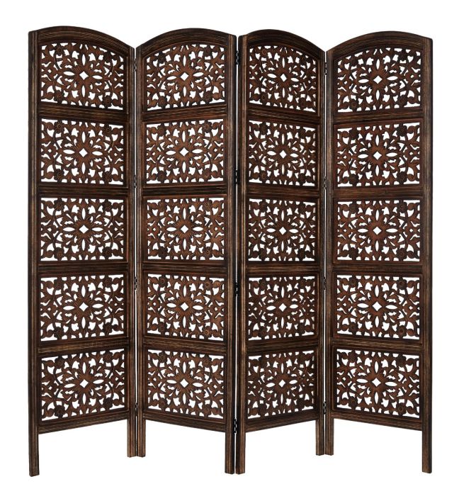 Cotton Craft Rajasthan Antique Brown 4 Panel Handcrafted Wood Room Divider Screen