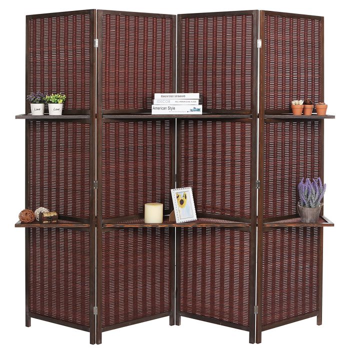 Deluxe Woven Brown Bamboo 4 Panel Folding Room Divider Screen with Removable Storage Shelves
