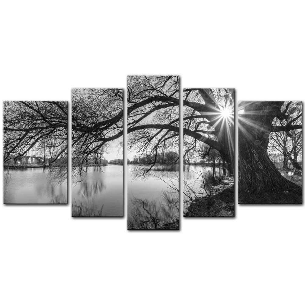 5 Pieces Modern Canvas Painting Wall Art The Picture For Home Decoration Black And White Tree Silhouette In Sunrise Time Lake Landscape Print On Canvas Giclee Artwork For Wall Decor