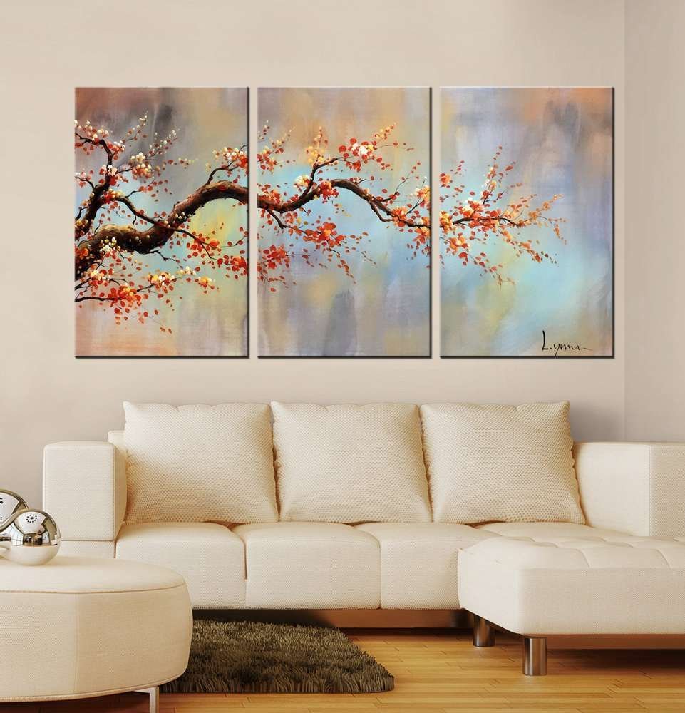 ARTLAND Modern 100% Hand Painted Flower Oil Painting on Canvas "Orange Plum Blossom" 3-Piece Gallery-Wrapped Framed Wall Art Ready to Hang for Living Room for Wall Decor Home Decoration 24x48inches