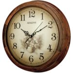 Adalene 14-Inch Wall Clock Large Decorative Living Room Clock - Quiet Battery Operated Quartz Analog Silent Wood Wall Clock - Round Sepia Flower Dial with Fancy Arabic Numerals, Wooden Frame