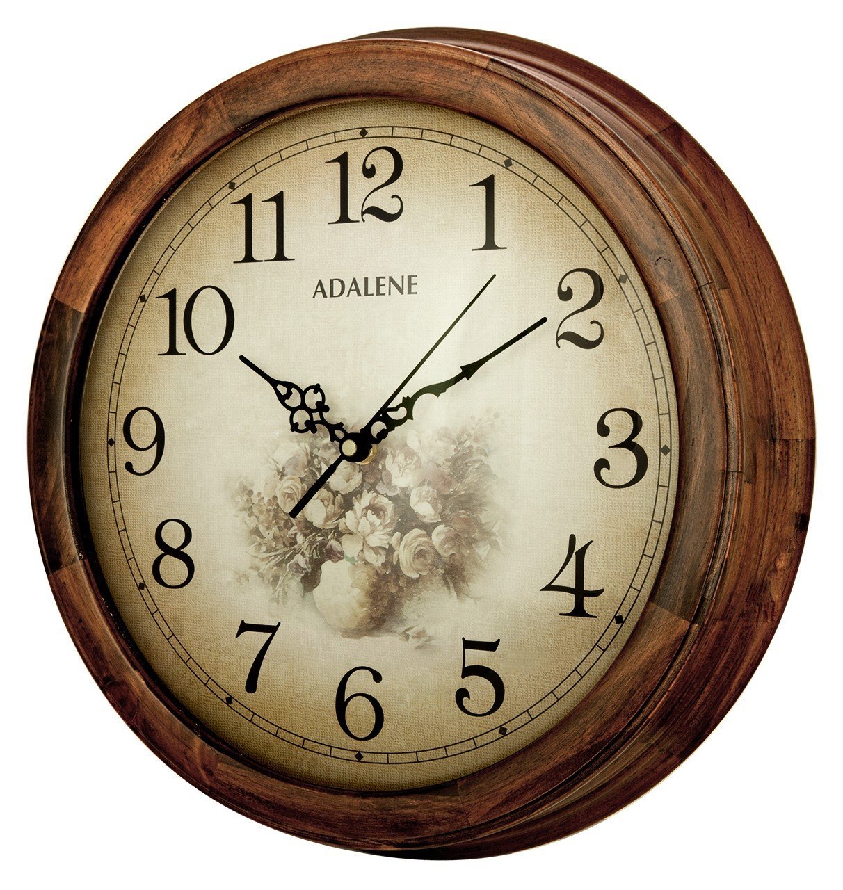 Adalene 14-Inch Wall Clock Large Decorative Living Room Clock - Quiet Battery Operated Quartz Analog Silent Wood Wall Clock - Round Sepia Flower Dial with Fancy Arabic Numerals, Wooden Frame