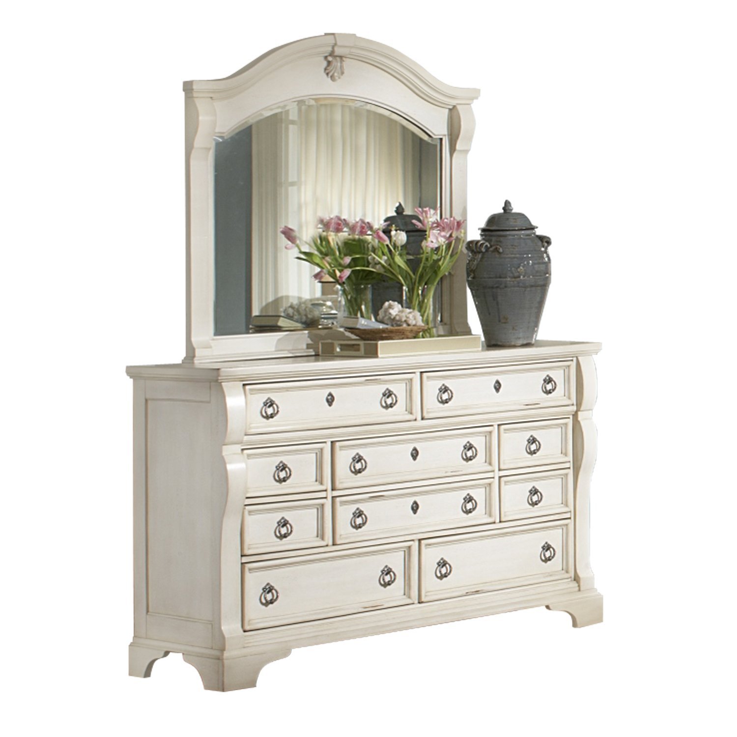 American Woodcrafters Heirloom Black Dresser and Mirror Combo, Antique White