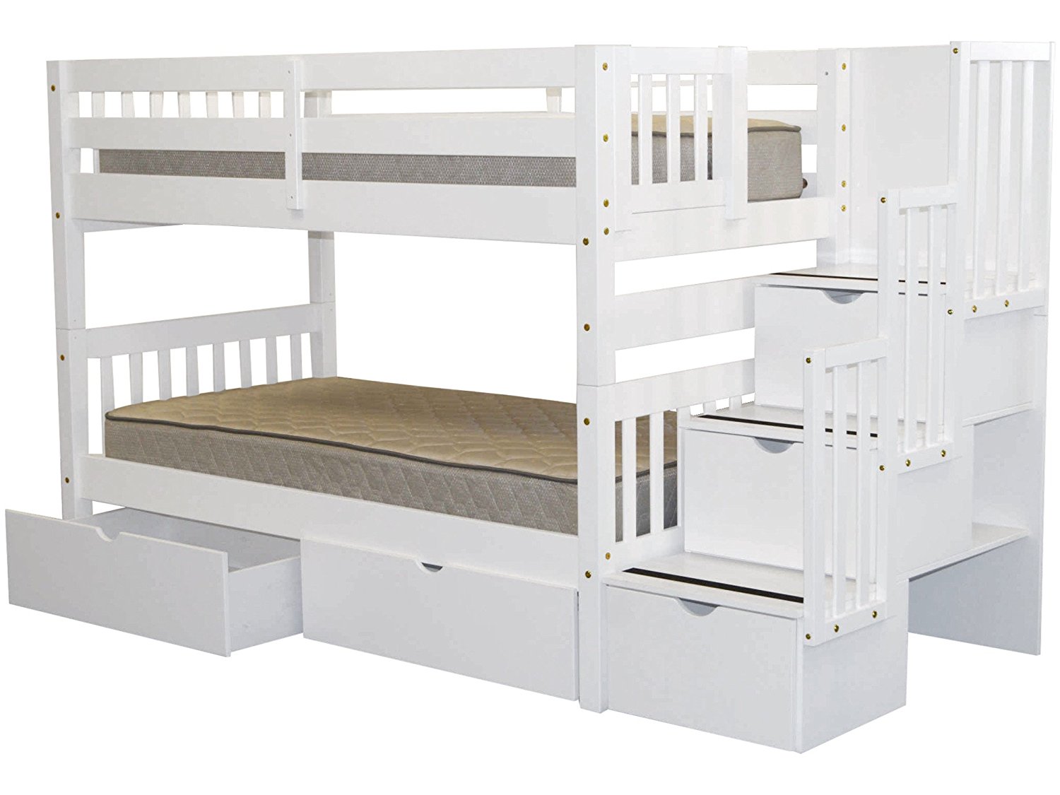 Bedz King Stairway Bunk Bed Twin over Twin with 3 Drawers in the Steps and 2 Under Bed Drawers, White
