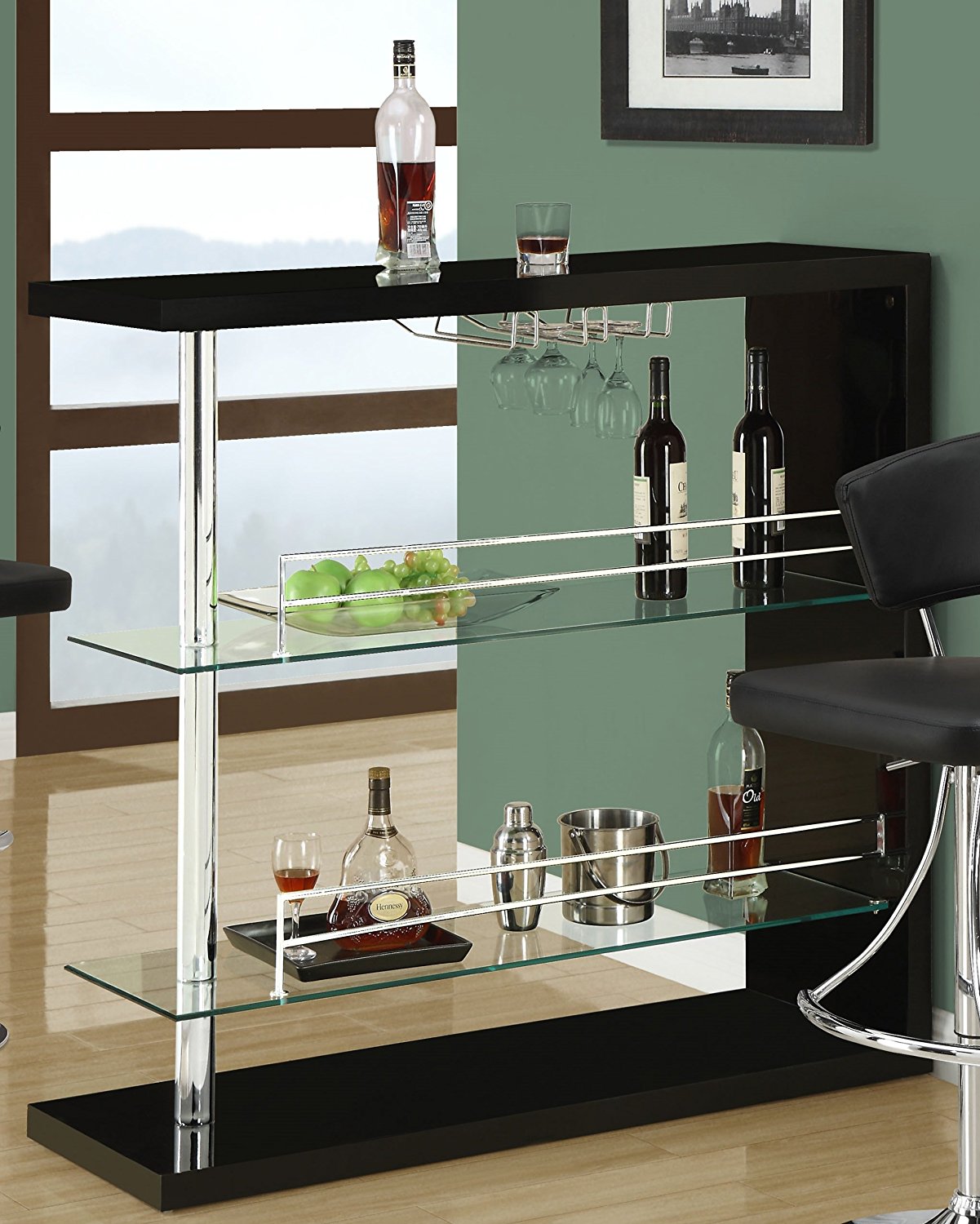 Coaster Bar Table with Two Glass Shelves in Gloss Black Finish