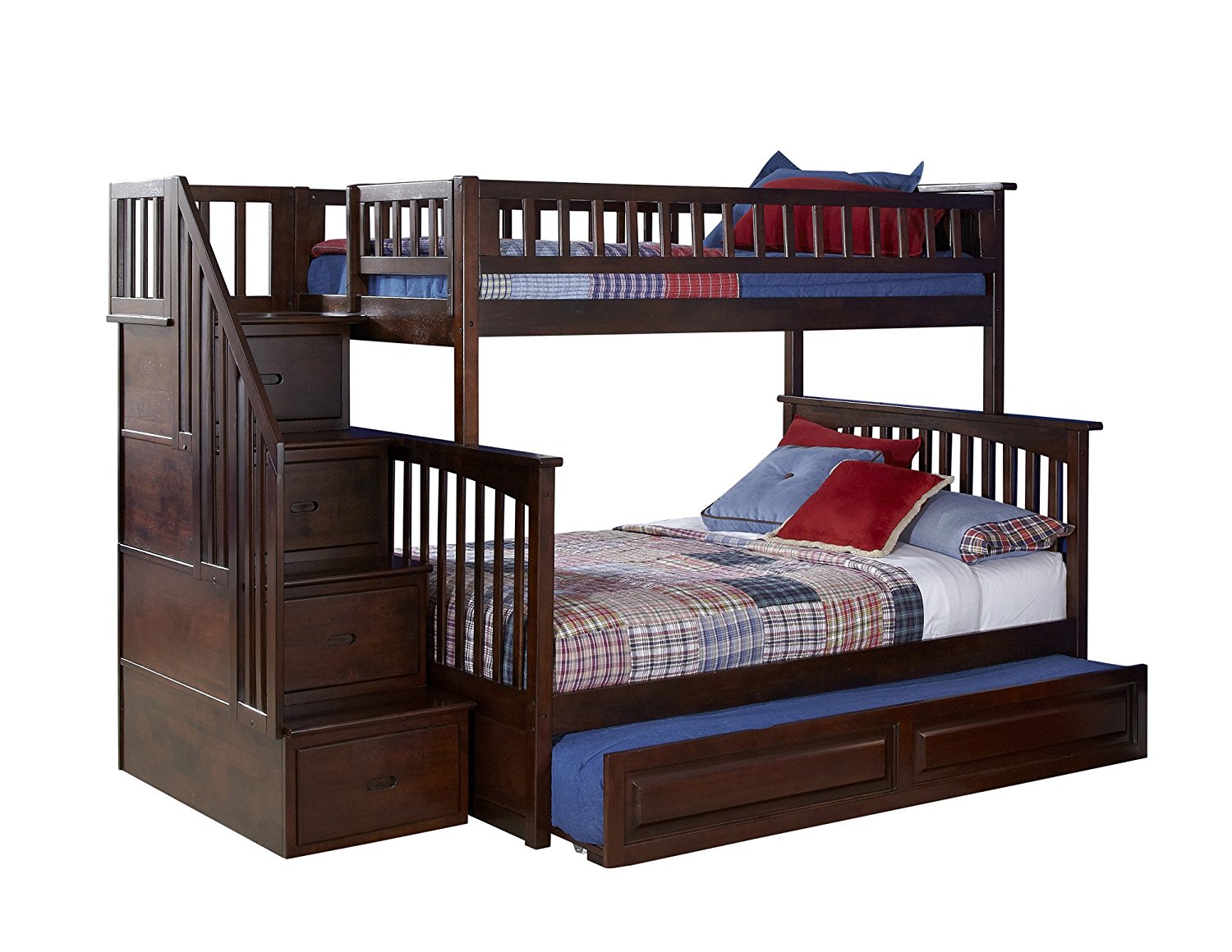 Triple Bunk Bed For Kids, Modernluxe Twin Over Full Wood Bunk Bed With Trundle And Storage Stairs