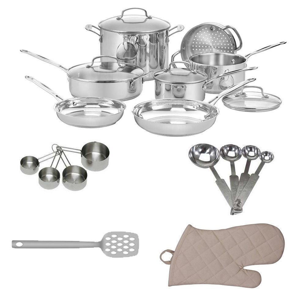 Cuisinart 77-11G Chef's Classic Stainless 11-Piece Cookware Set + Kitchen Textiles 3-Pack + Slotted Turner Aster + Heavy-Duty Stainless Measuring Cup Set + Stainless Steel Measuring Spoon Set