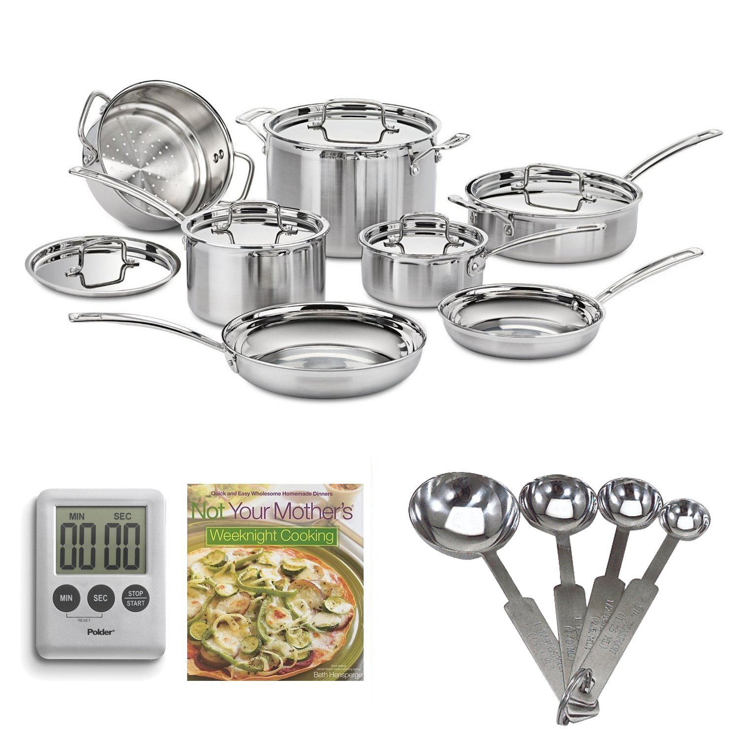 Cuisinart MCP-12N MultiClad Pro Stainless Steel 12-Piece Cookware Set with Stainless Steel Measuring Spoon Set, 100-Minute Timer and Not Your Mother's Weeknight Cooking
