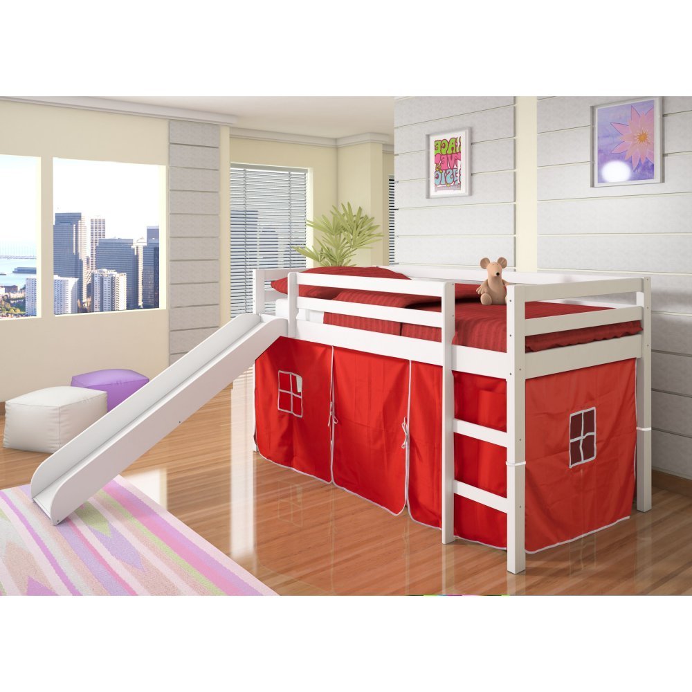 Donco Kids Twin Loft Tent Bed with Slide - White with Red Tent