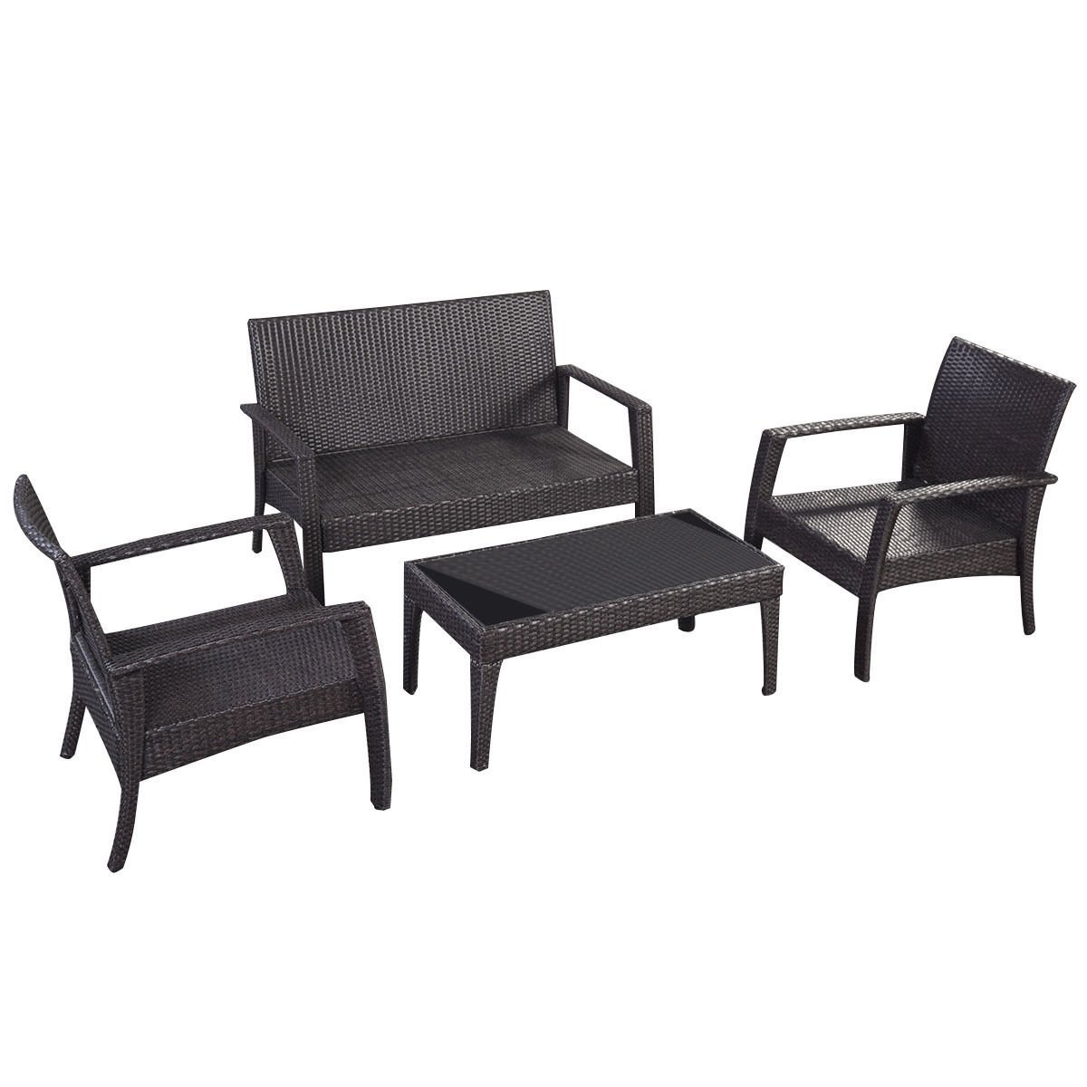 GHP 4-Pc Brown Rattan Outdoor Garden Cushioned Tea Table & Chairs Furniture Set