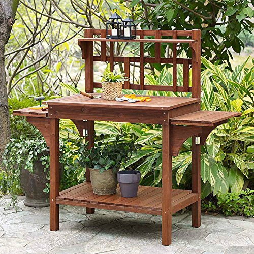 Garden Potting Bench with Storage Shelf Wood Outdoor Large Work Table plans Gardening Planting Station- Brown