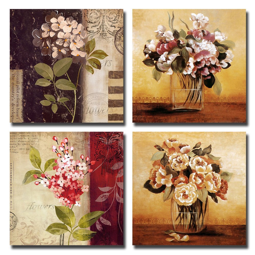 Gardenia Art 12-Inch-by-12-Inch Retro Flowers Framed Stretched Canvas Wall Art