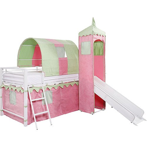 Girl's Princess Castle Tent Loft Bed with Slide & Under Bed Storage, White