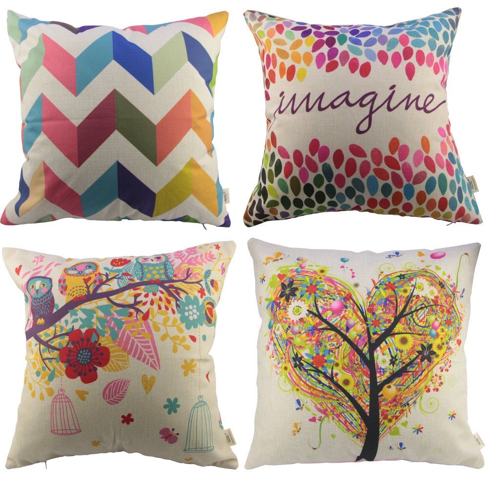 HOSL P110 4-Pack Square Decorative Throw Pillow Case Cushion Cover ( 1x Owls with Birdcage, 1x Love Tree, 1x Multicolor Zig Zag Chevron, 1x Colorful Imagine )