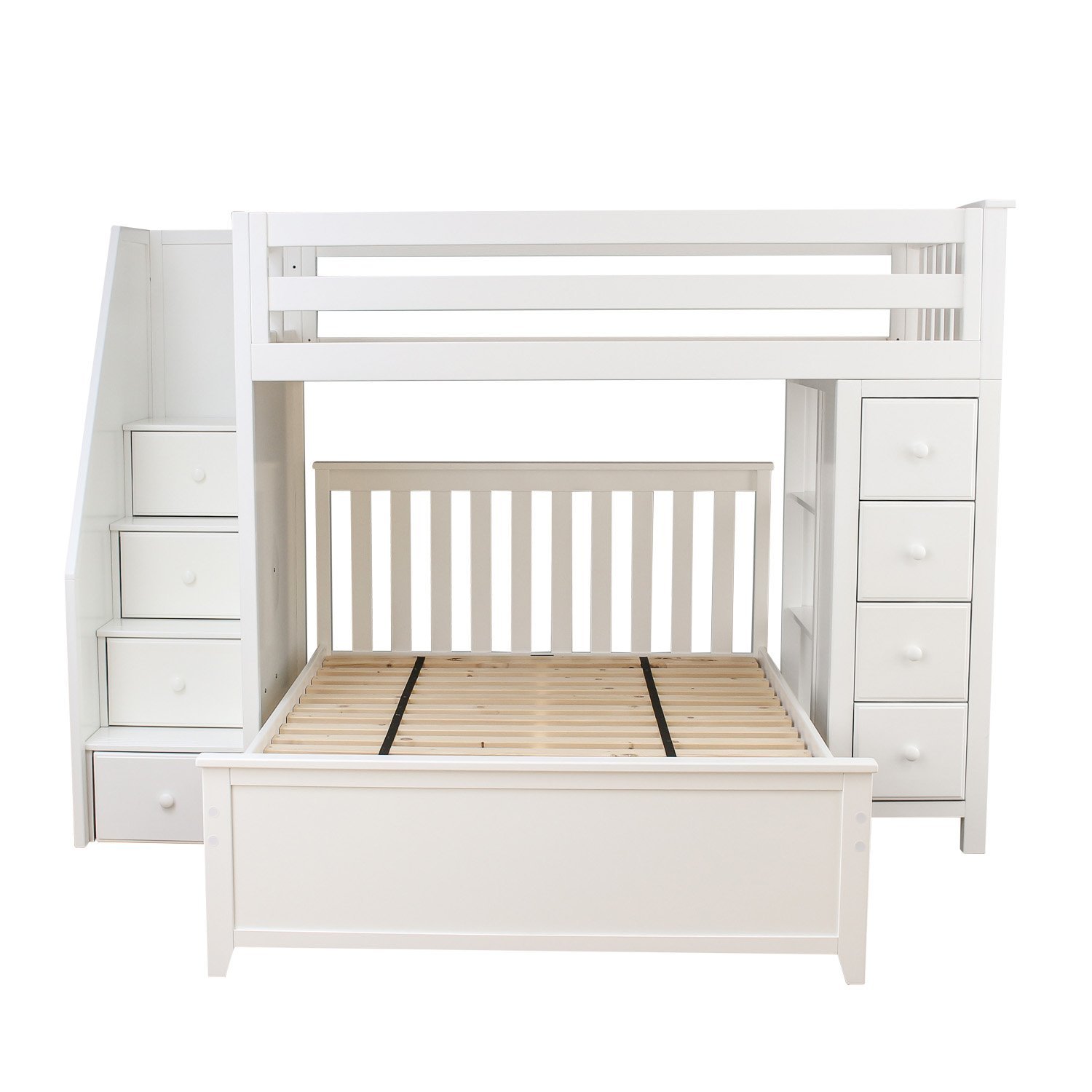 Jackpot! Deluxe All-in-One Solid Hardwood Twin-Size Storage Loft Bed with Staircase over Full-Size Bed, White