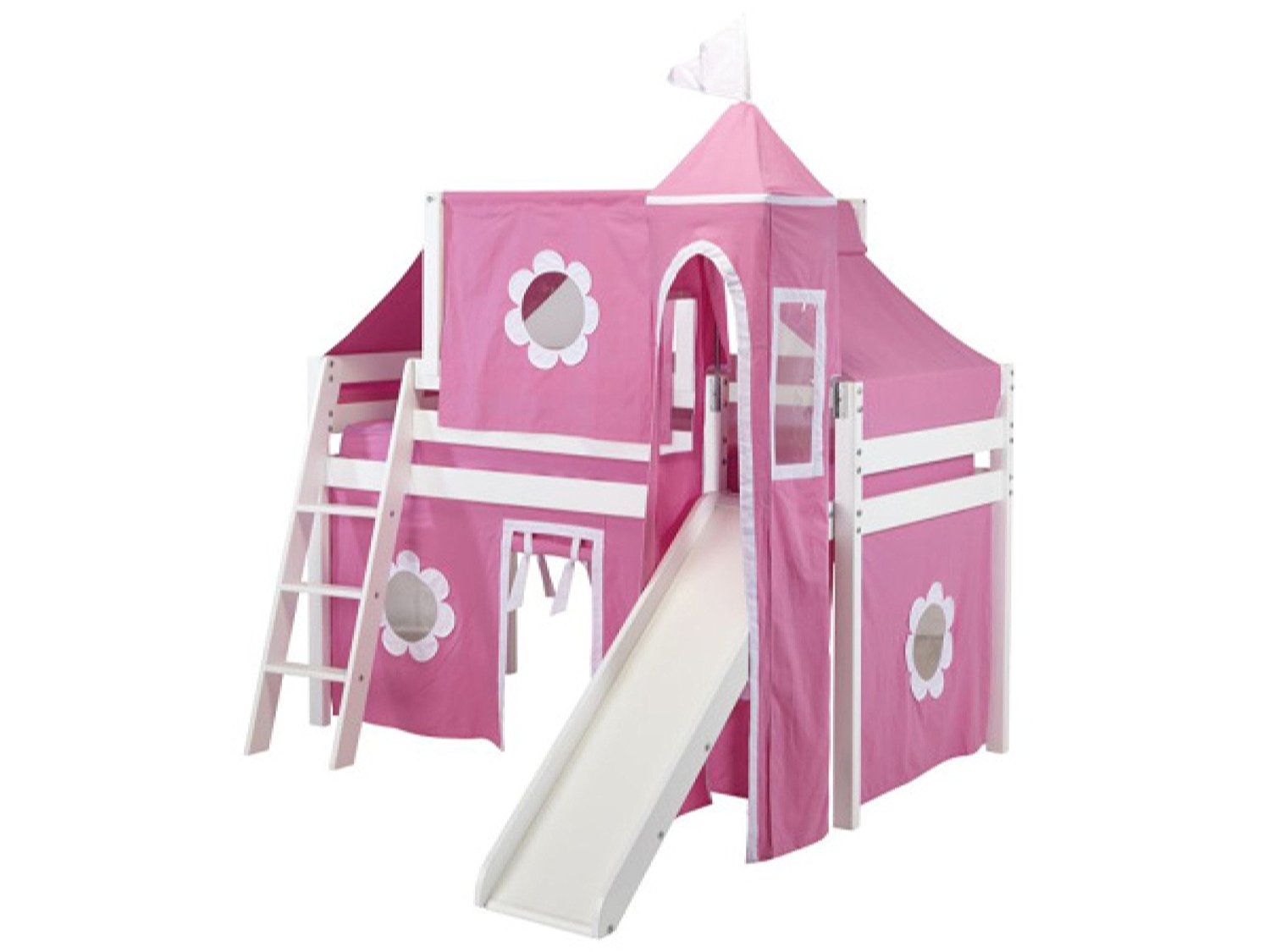 Jackpot Princess Low Loft White Bed with Slide, Pink and White Tent and Tower