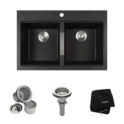 Kraus KGD-433B 33 1/2 inch Dual Mount 50/50 Double Bowl Black Onyx Granite Kitchen Sink