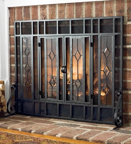 Large Beveled Glass Diamond Fireplace Screen With Alternating Panels And Small Powder-Coated Tubular Steel Frame, in Black