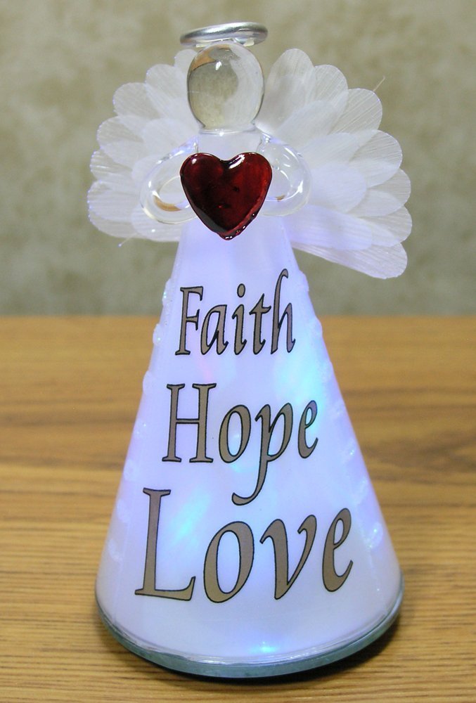 Lighted Angel Figurine FAITH HOPE LOVE - Frosted Glass LED Color Changing Praying Angel Statue Holding Red Heart