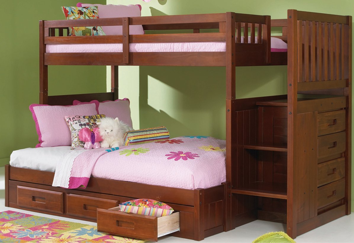 Merlot Twin Over Full Mission Staircase Bunk Bed with 3 Drawers