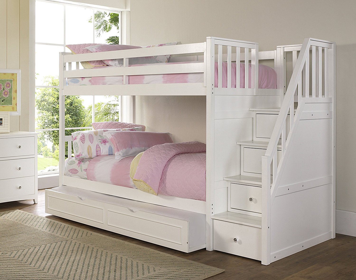 NE Kids Barrett Stair Bunk Bed with Trundle, White Finish