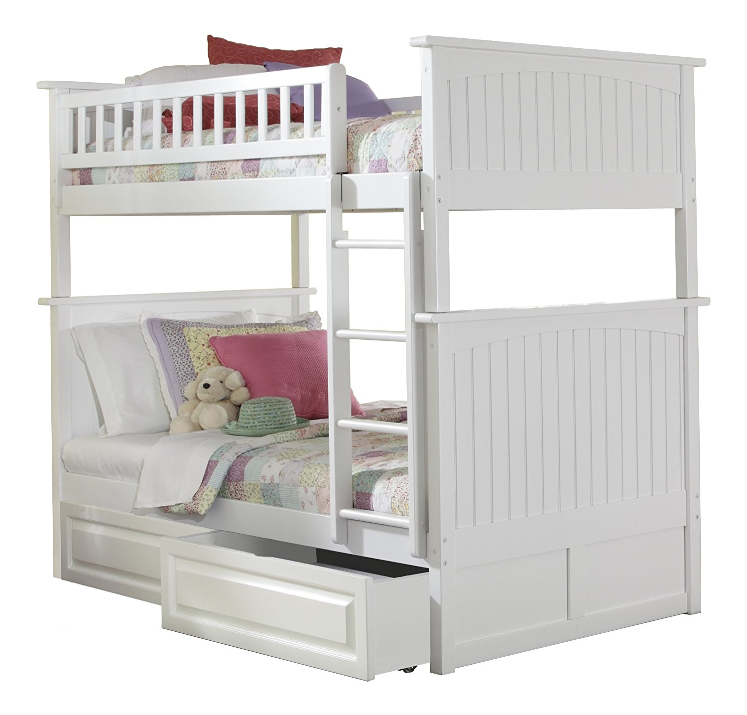 Nantucket Bunk Bed with 2 Raised Panel Bed Drawers, Twin Over Twin, White