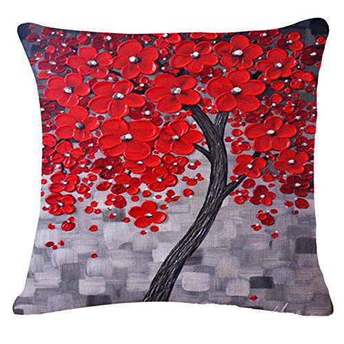 Oil Painting Black Large Tree and Flower Birds Cotton Linen Throw Pillow Case Cushion Cover Home Sofa Decorative 18 X 18 Inch (red flower)