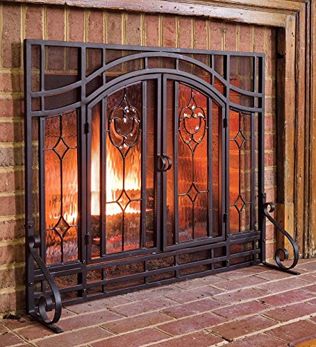 Plow & Hearth Floral Small Fireplace Screen with Doors, Tempered Glass, Metal Mesh, Tubular Steel Frame