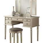 Poundex Bobkona St. Croix 3 Fold Mirror Vantiy Table with Stool Set in Silver