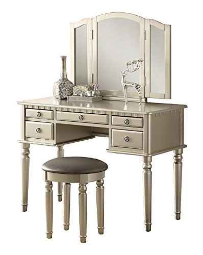 Poundex Bobkona St. Croix 3 Fold Mirror Vantiy Table with Stool Set in Silver