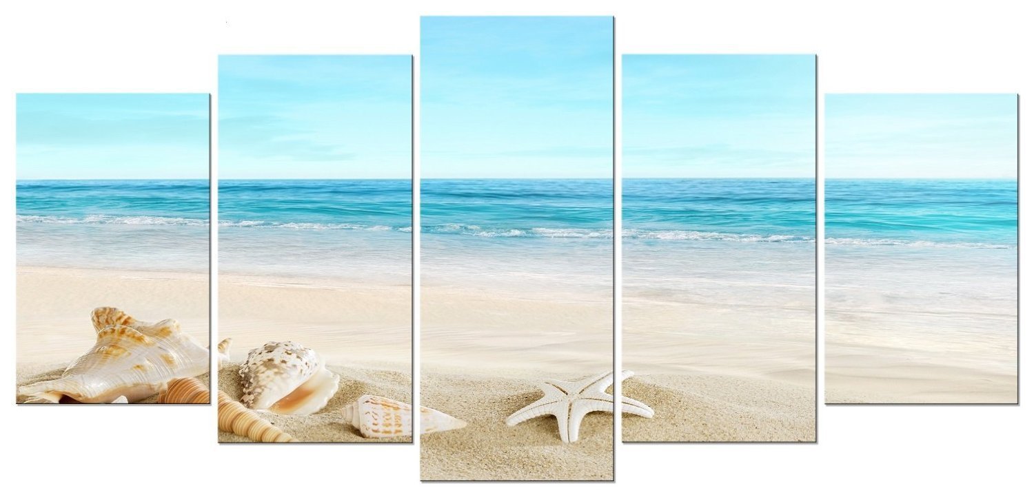 Pyradecor Seashell 5 panels Seascape Giclee Canvas Prints Landscape Pictures Paintings on Modern Stretched and Framed Canvas Wall Art Sea Beach Pictures Artwork for Home Decor