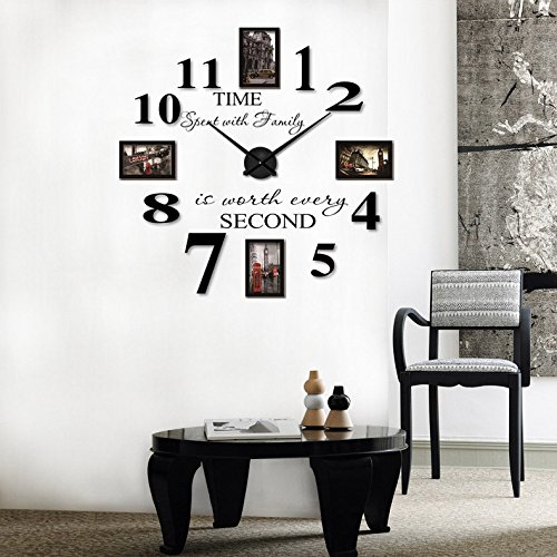 Reliable_E Inspirational Quotes Wall Sticker Photo Frame DIY 3D Wall Clock for Home Decor (black)