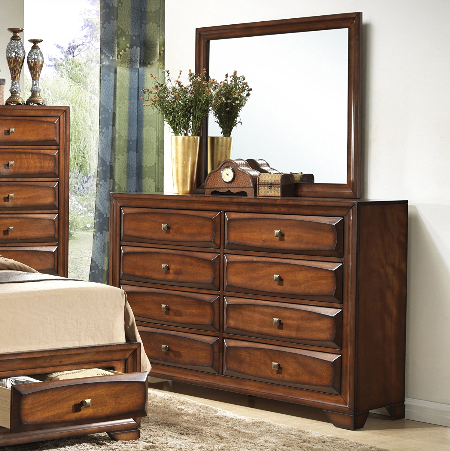 Roundhill Furniture Oakland 139 Antique Oak Finish Wood 6 Drawers Dresser & Mirror