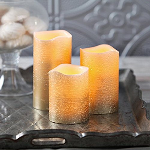 Set of 3 Distressed Gold Wax Flameless Battery Candles with Timer and Remote- Batteries Included