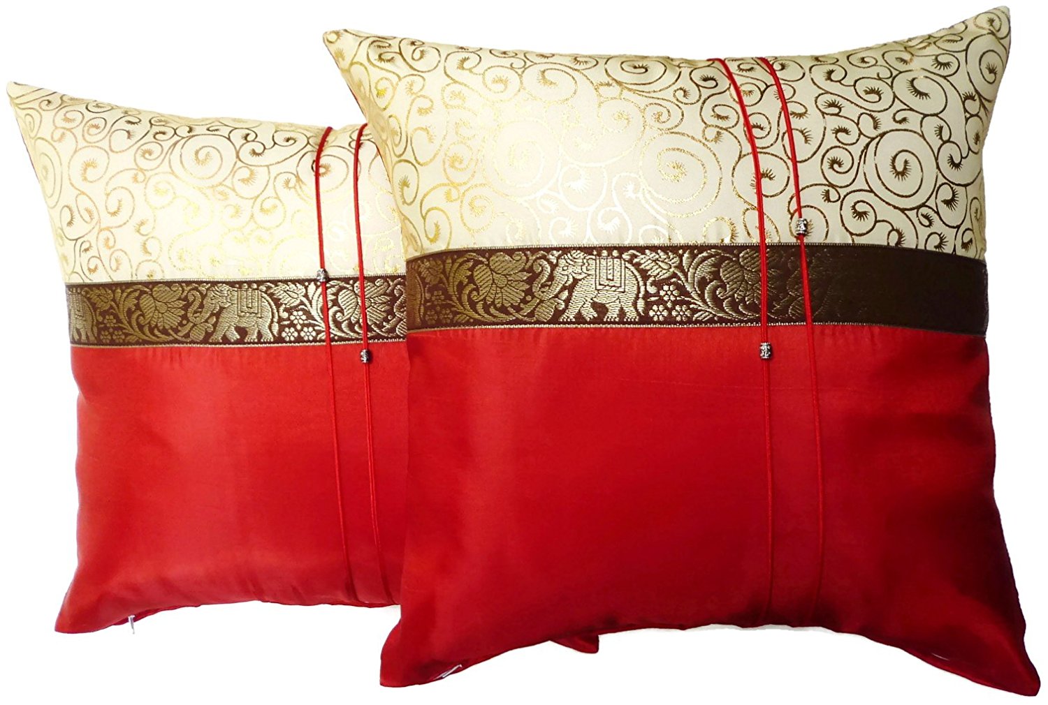 Set of Two Aurora Red Silk Throw Cushion Pillow Cover Case With Elephant Middle Stripe for Decorative Living Room Sofa Car Size 16 x16 Inches