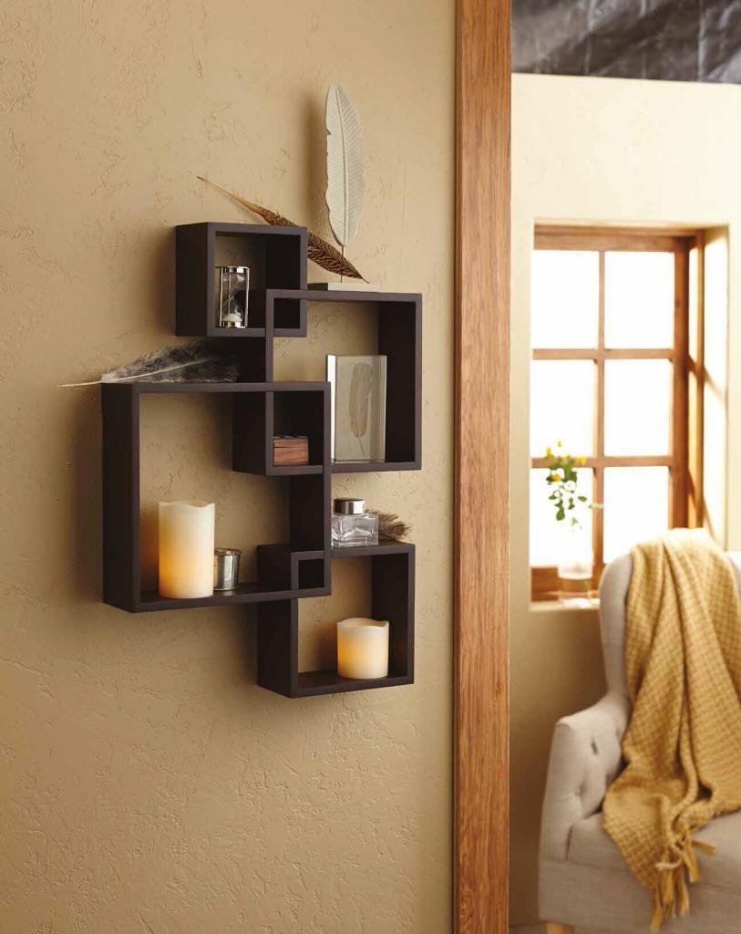 Shelving Solution Intersecting Decorative Espresso Color Wall Shelf Set of 4, 2 Candles Included
