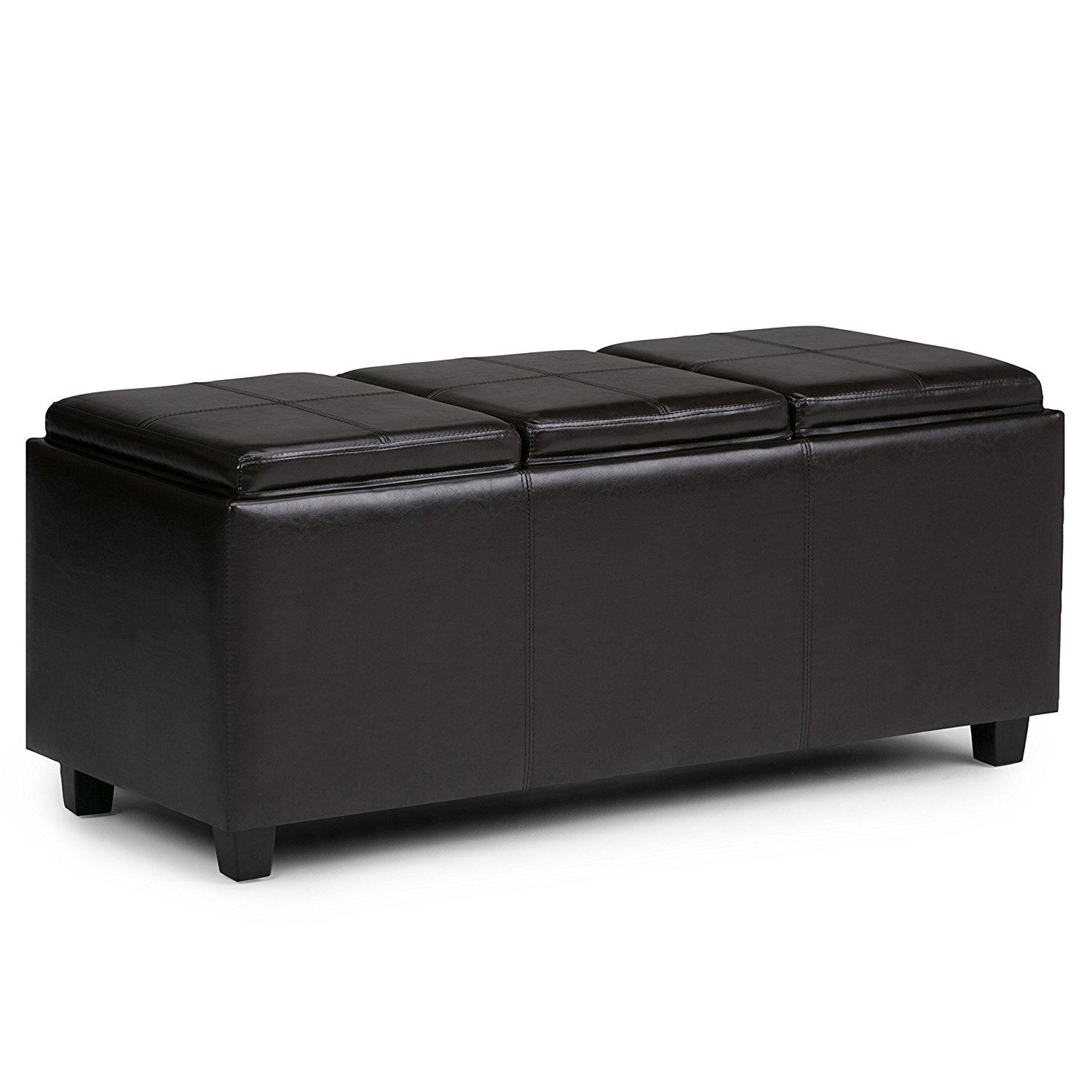 Simpli Home Avalon Faux Leather Rectangular Storage Ottoman with 3 Serving Trays, Large, Brown