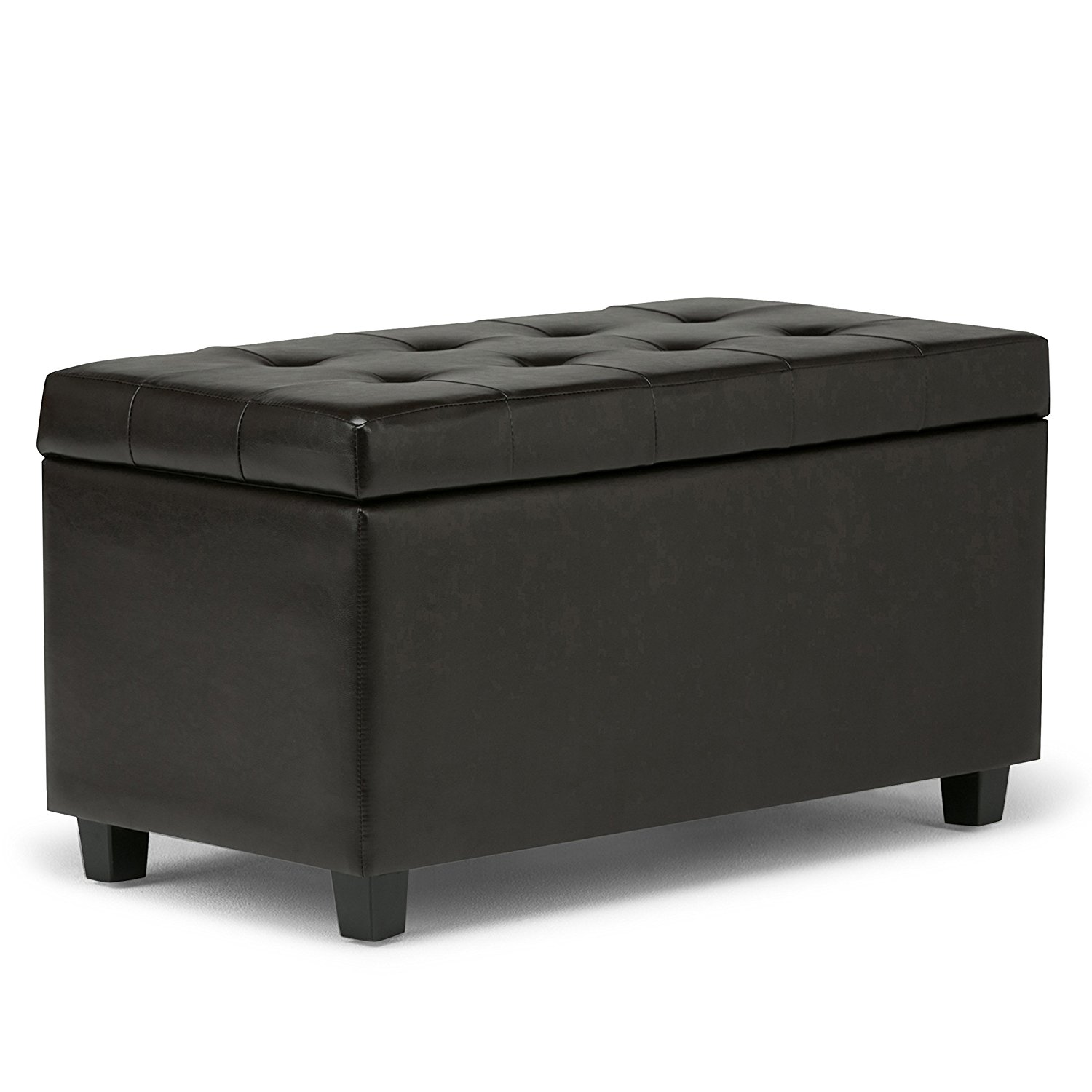 Simpli Home Cosmopolitan Faux Leather Rectangular Storage Ottoman Bench, Medium, Brown