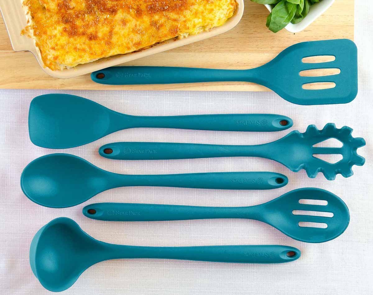 StarPack Home Silicone Kitchen Utensil Set with 101 Cooking Tips, X-Large, 13.5-Inch (6 Piece Set) - Teal Blue