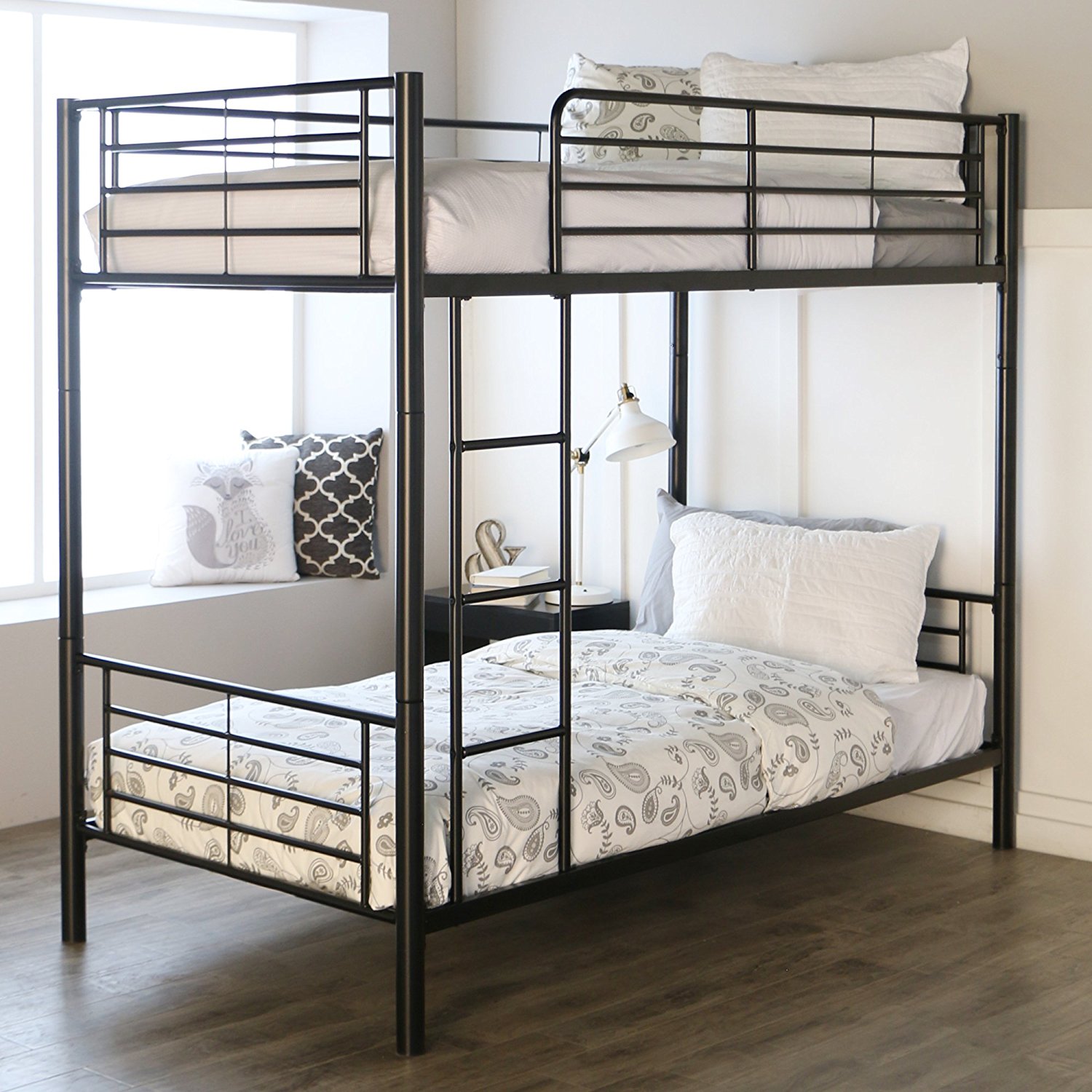 Sturdy Metal Twin-over-Twin Bunk Bed in Black Finish