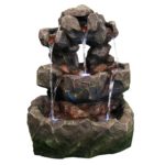 Sunnydaze Layered Rock Waterfall Outdoor Fountain with LED Lights, 32 Inch Tall