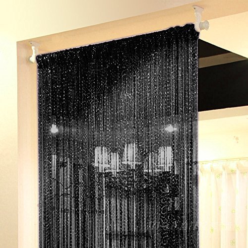 Topix 37.4x76.7 Inch Rare Flat Silver Ribbon Door String Curtain Thread Fringe Window Panel Room Divider Cute Strip Tassel Party Events, Black, Pack of 2