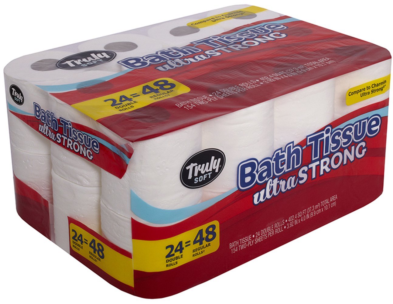 Truly Soft Toilet Paper Ultra Strong Bath Tissue, 24 Double Rolls = 48 Regular Rolls, White