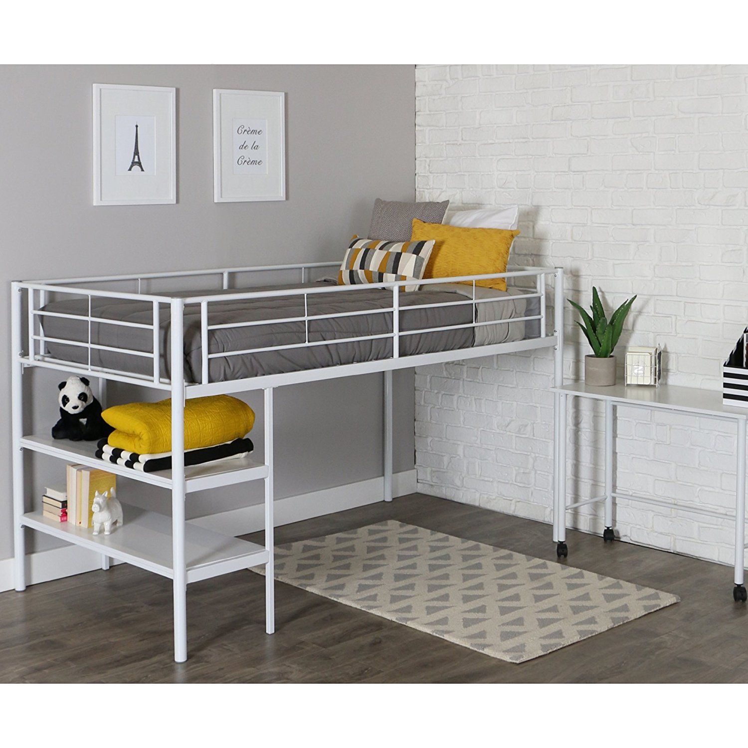 Twin Modern Metal Loft Bed with Desk and Shelves, White Finish