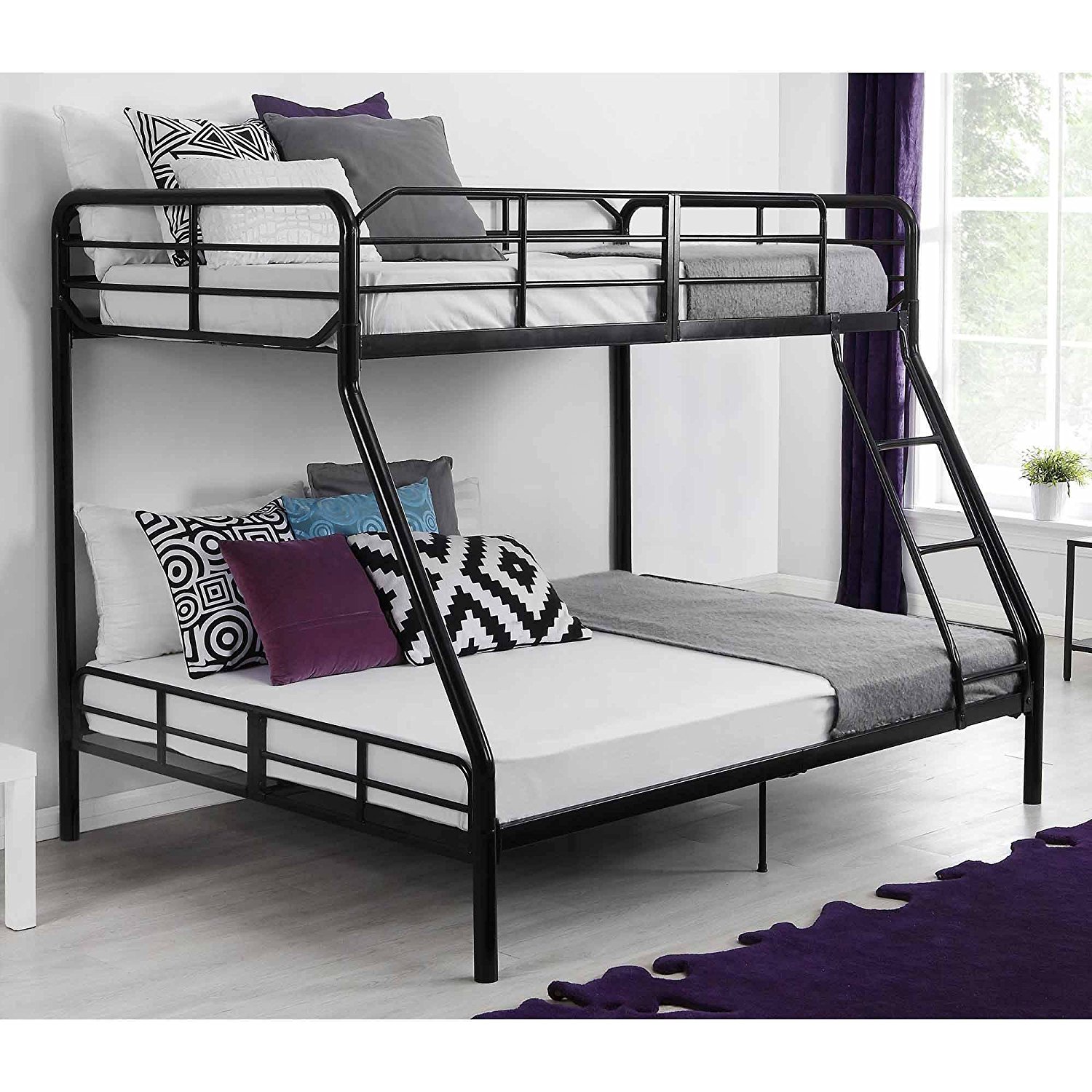 Twin Over Full Bunk Bed Kids Teens Bedroom Dorm Furniture Metal Beds Bunkbeds with Ladder Black by Mainstays