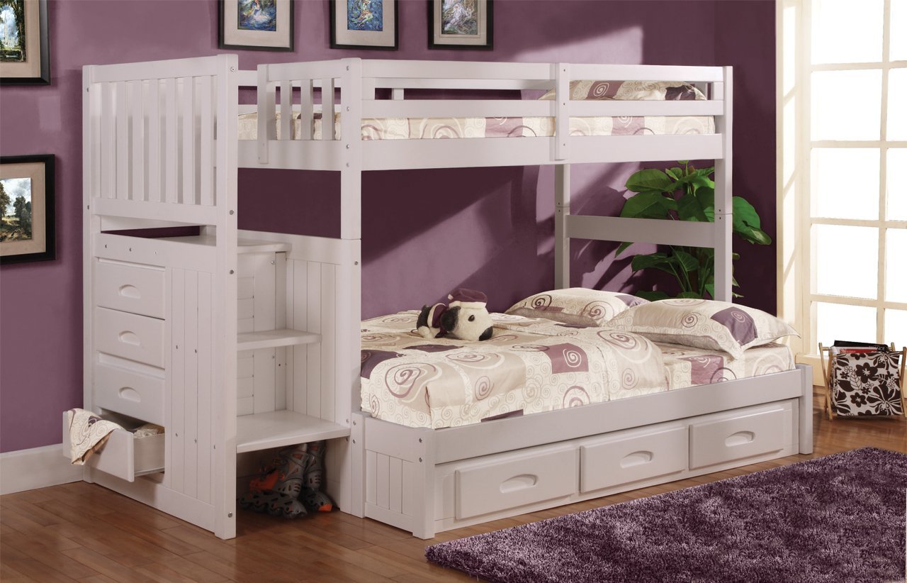 Twin Over Full Stair Stepper Bed with 3 Drawers in White Finish