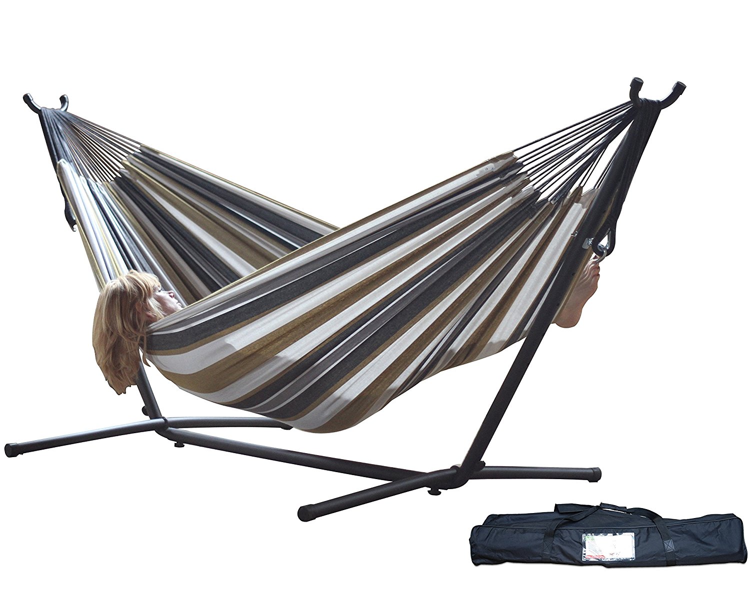 Vivere Double Hammock with Space Saving Steel Stand, Desert Moon