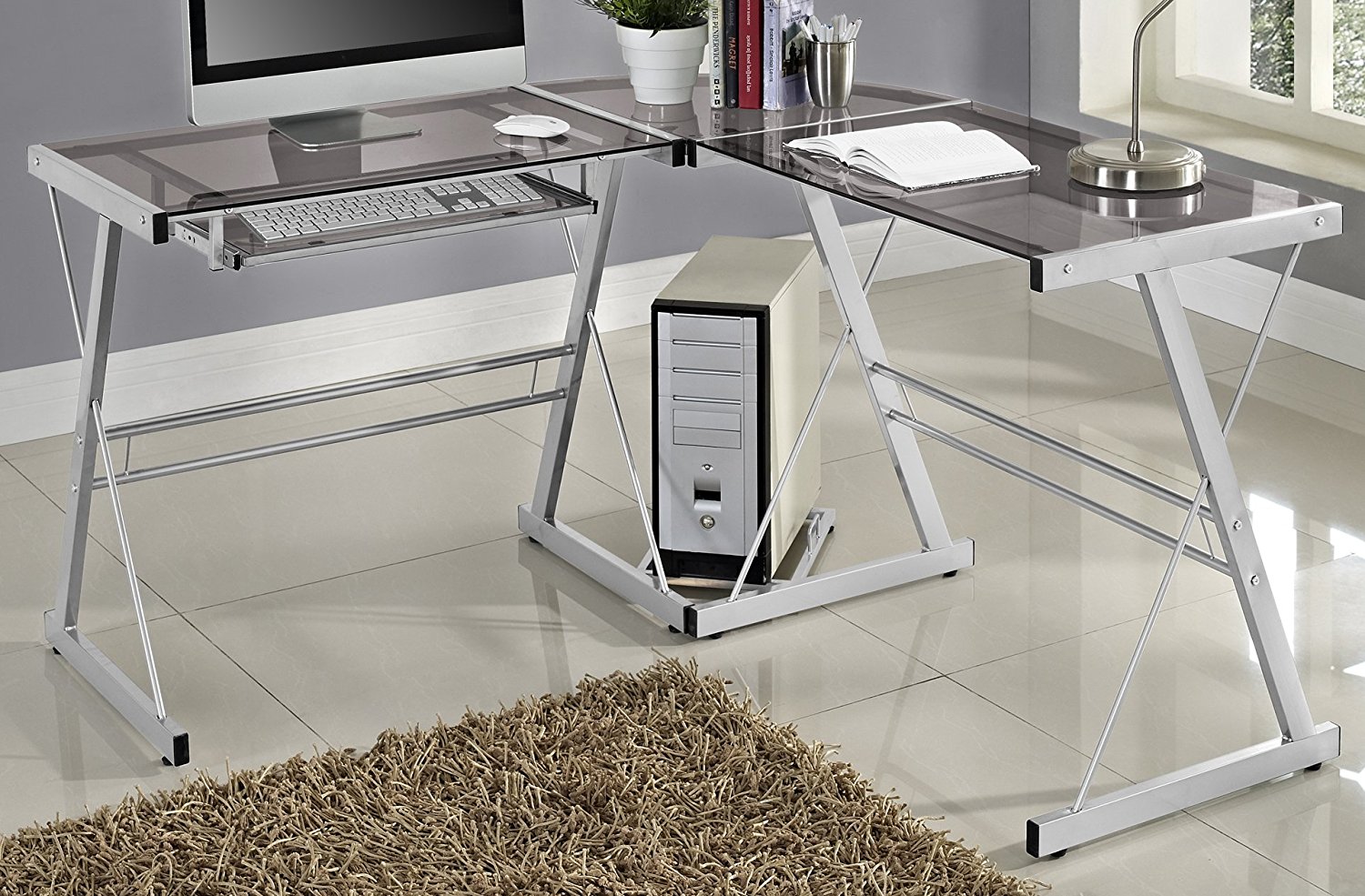 WE Furniture 3 Piece Soren Silver with Smoke Glass Corner Desk, Grey